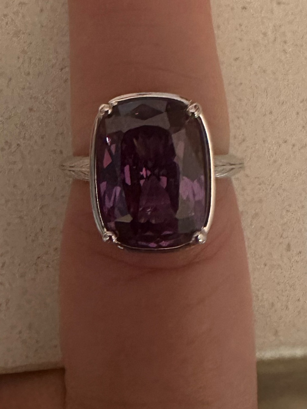 Sterling Silver Ring with Deep Purple Cushion Gemstone